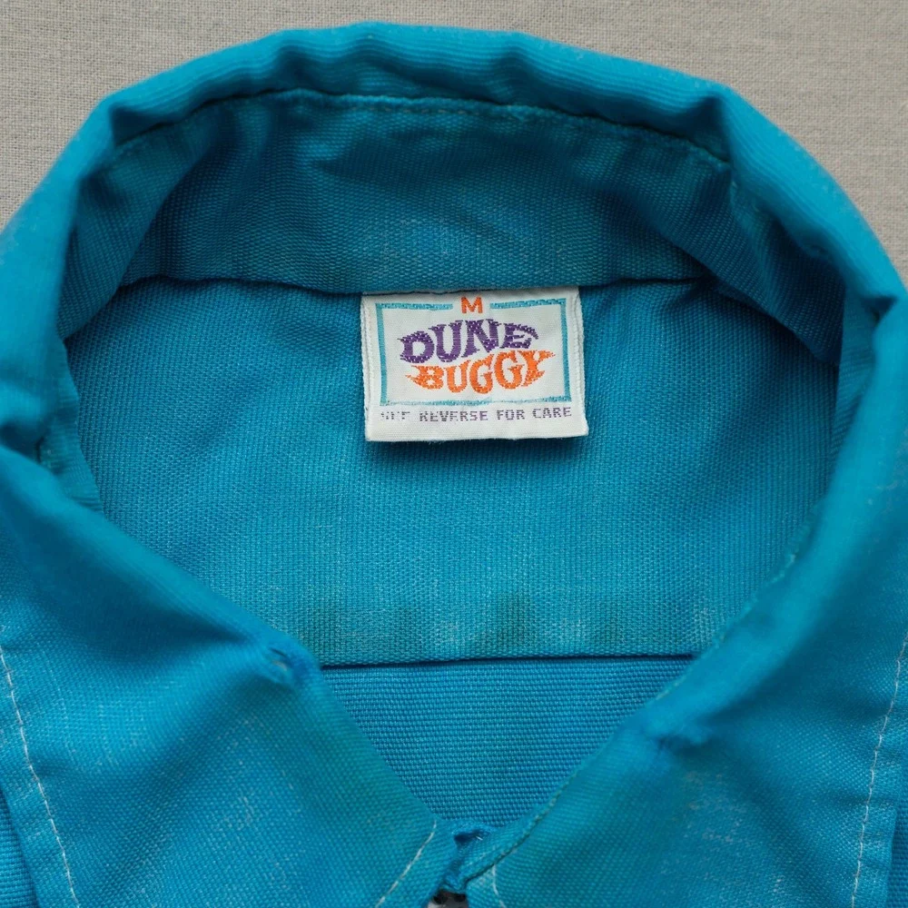Vintage 70s Mod Button Up Bowling Shirt Dune Buggy Daggar Collar Blue Adult M